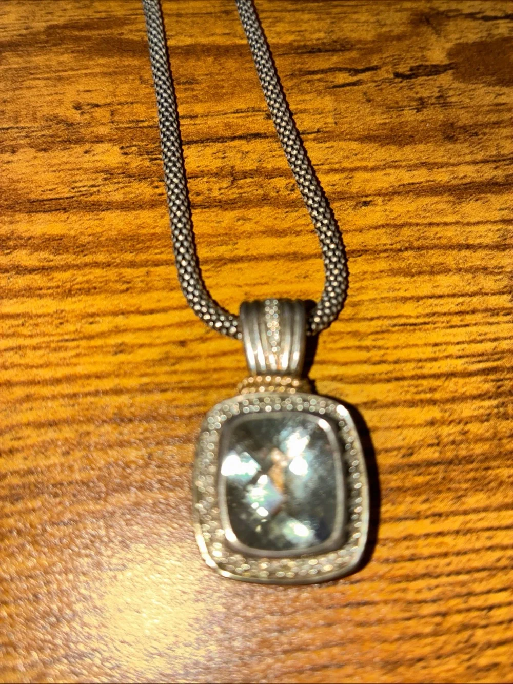 Silver-Tone Necklace with Blue-Green Faceted Pendant